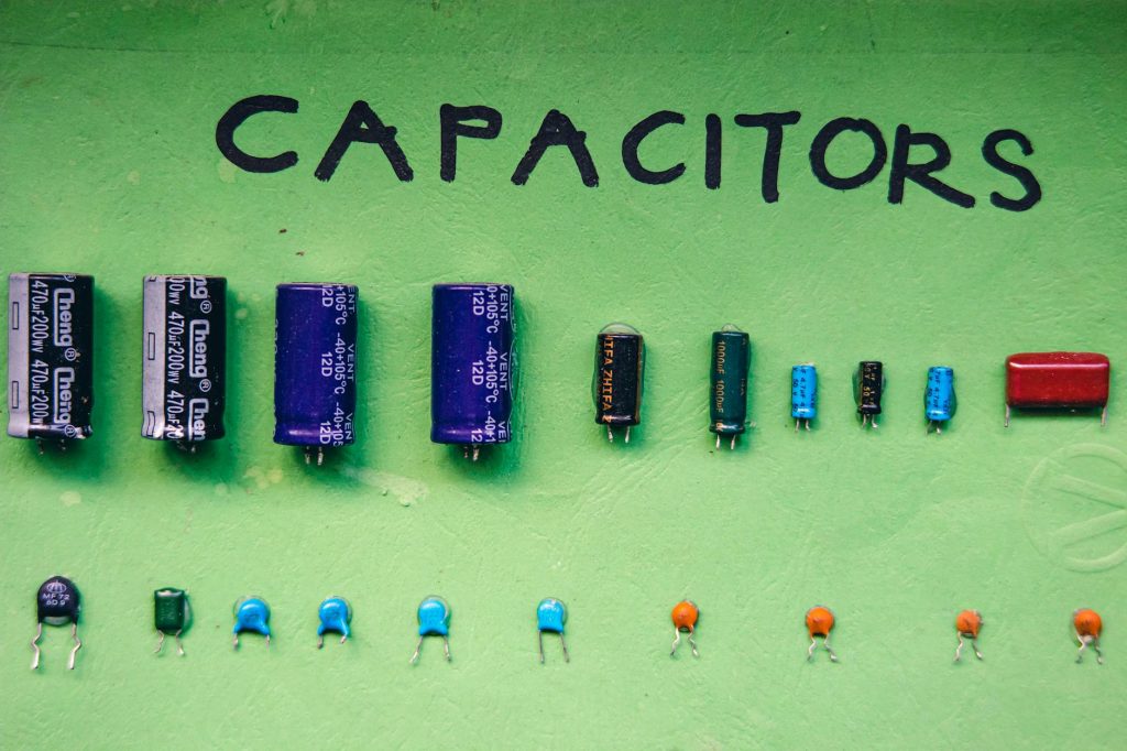 Top view layout of various capacitors for storing electrical energy of different sizes and