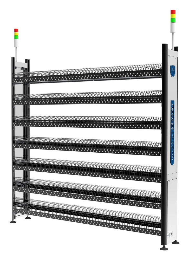 Kệ lưu trữ reel SMT pick to light NEO LIGHT PTL, góc nhìn ba phần tư bên trái với hai tháp đèn báo - Neotel Technology